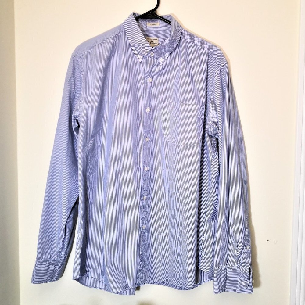 J. Crew Men's Blue Pin Striped Button Down Dress Shirt Size L